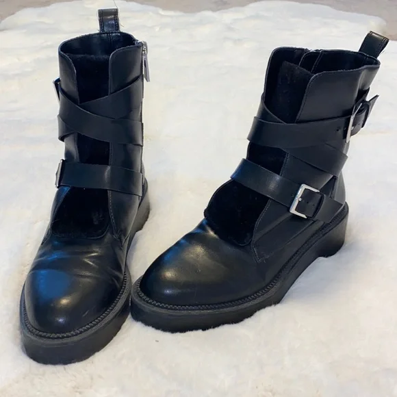 ☠️ ZARA TRAFALUC MOTO LEATHER & FAUX FUR EDGY BIKER BABE GRUNGE BUCKLE BOOTS - Picture 4 of 15